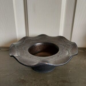 Studio Art Pottery Wavy Rim Bowl Dark Metallic Iridescent Glaze Brutalist 2.5x6